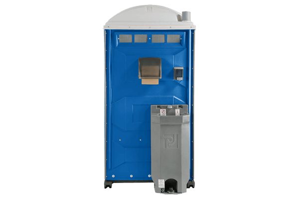 Deluxe flushable portable restrooms with foot-pump flush on a Weston job site