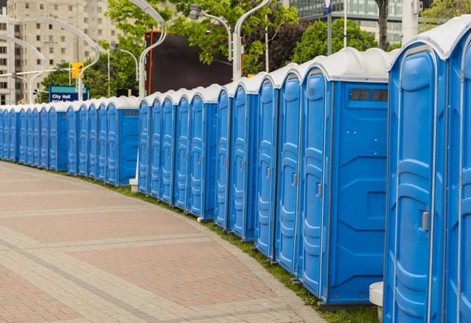 Long row of portable restrooms placed along a paved park path