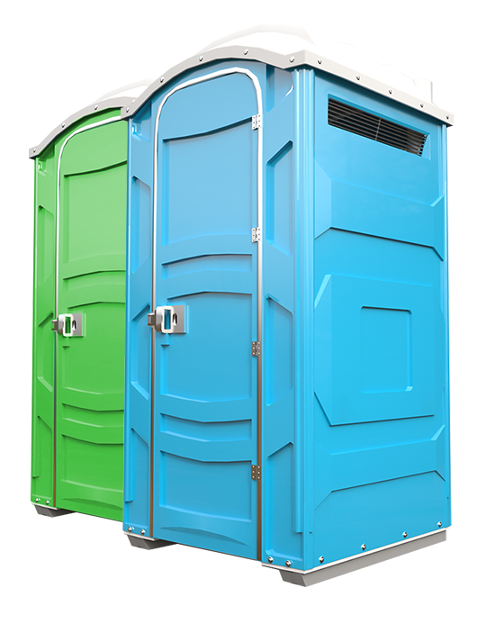 Two portable toilets, teal and blue, delivered by RapidClean in Weston FL