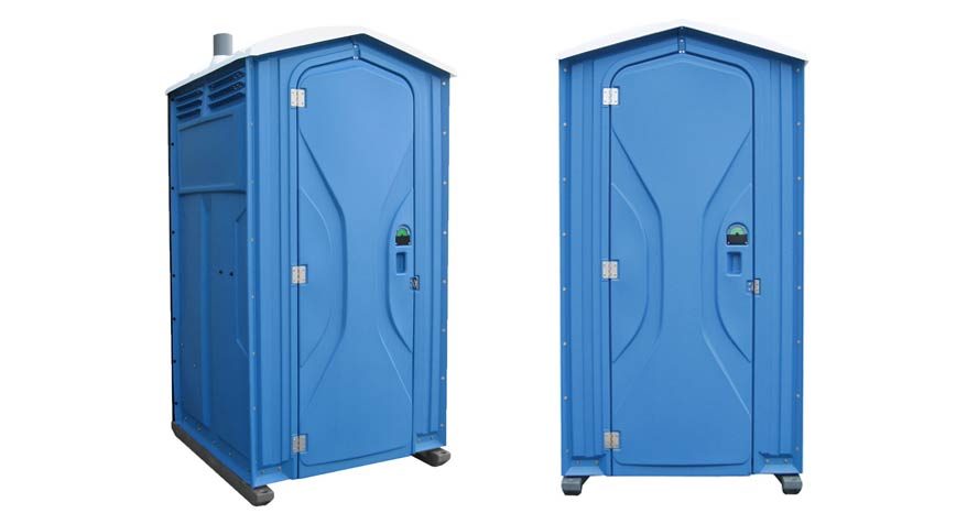Pair of standard portable toilet units on a plain background