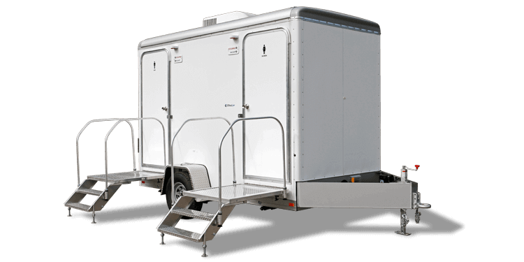 Luxury restroom trailer with steps and railings for weddings and events